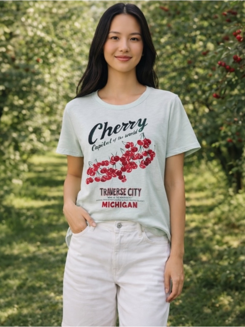 Cherry Traverse City Michigan Graphic T-Shirt J.Crew Womens Size XL Mint Green